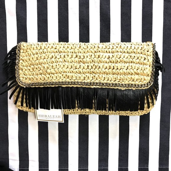 Shiraleah Chicago BARBADOS Clutch Purse Bag Natural w/ Black Fringed Trim NWT Shiraleah Chicago BARBADOS Clutch Purse Bag Natural w/ Black Fringed Trim NWT